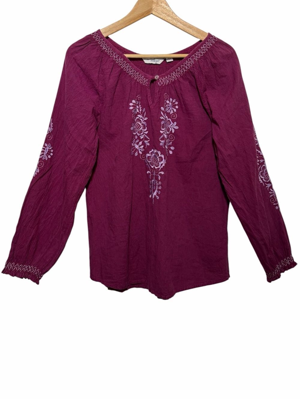 Great Northwest Indigo Womens Burgandy Embroidered Scoop Long Slv Crinkle Top M